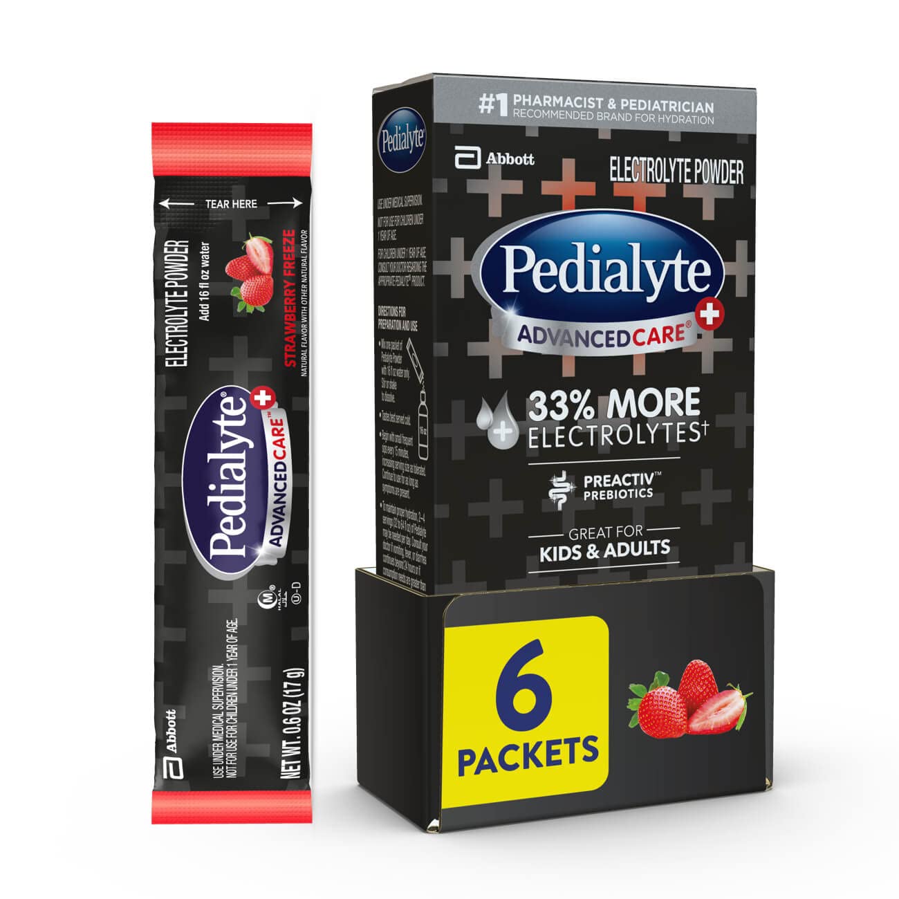 Pedialyte Advancedcare Plus Electrolyte Powder, With 33% More Electrolytes And Preactiv Prebiotics, Strawberry Freeze, Hydration