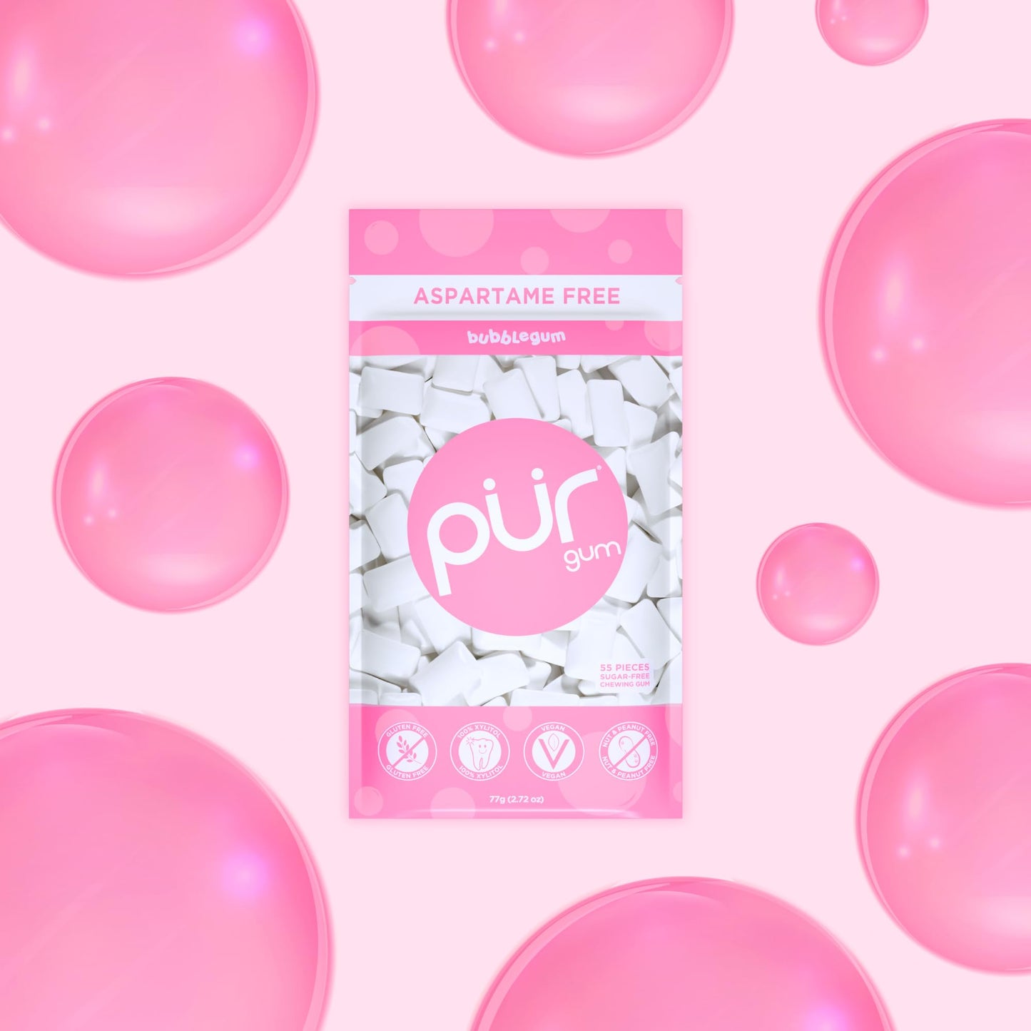 Pur Gum | Aspartame Free Chewing Gum | 100% Xylitol | Natural Bubblegum Flavored Gum, 55 Pieces (Pack Of 12)