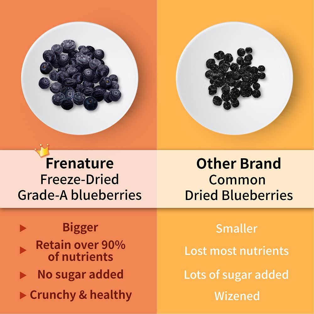 Frenature Freeze Dried Blueberry, Canada Top Grade Dried Blueberries No Sugar Added, 100% Natural Freeze Dried Fruit, Healthy Sn