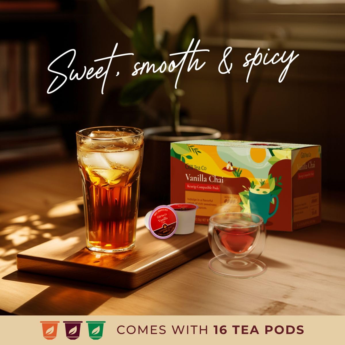 Gya Tea Co Caffeinated Vanilla Chai Black Tea Pods - Smooth, Robust Flavor, 16 Count, Enjoy Hot or Iced