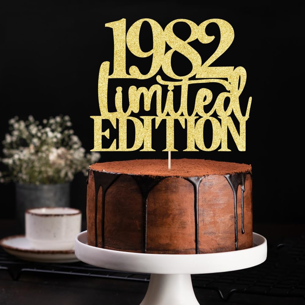 Yetxel 1982 Cake Topper, Handmade Golden Glitter Decoration for 43rd Birthday, Suitable for Men and Women