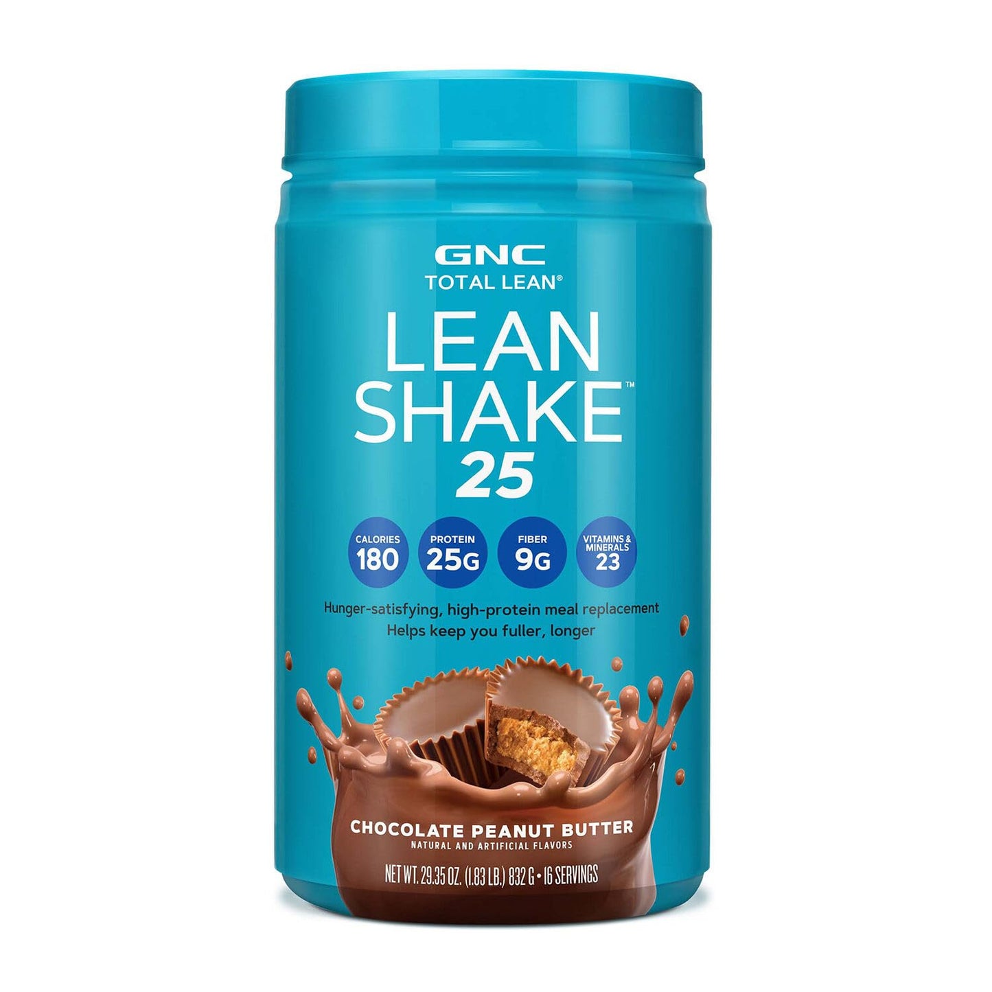 GNC Lean Shake 25 Meal Replacement Powder, Weight Management, With 25g Protein and High Fiber, Keto, Chocolate Peanut Butter, 16