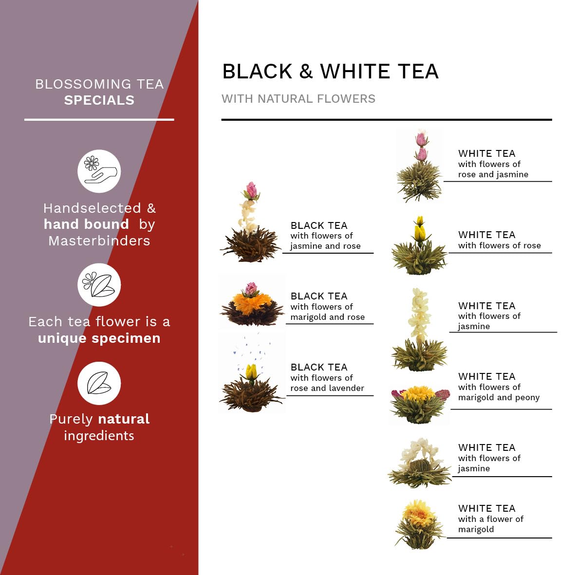 Creano Flowering Tea Abloom Tea - Blooming Tea Gift Set In Stylish Wooden Tea Box - 12 Pieces, Mix Of White & Black Tea A Gift F