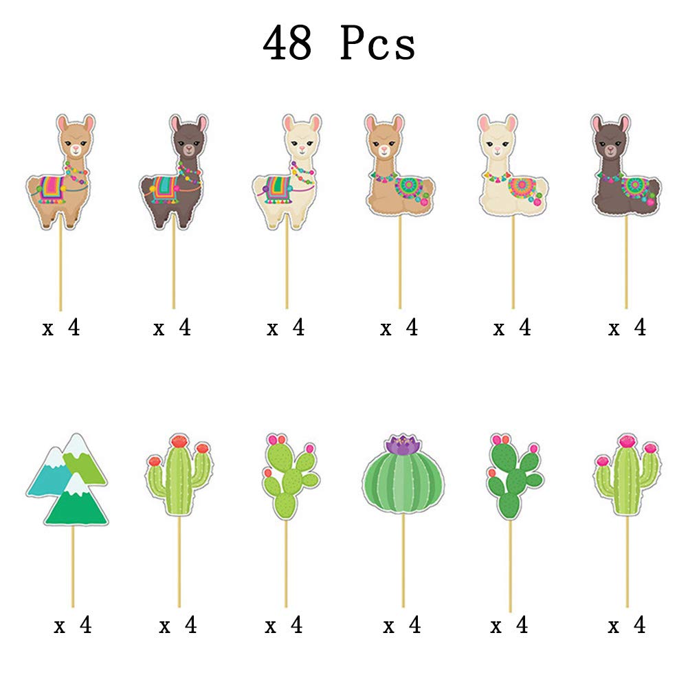 Llama Cactus Cupcake Toppers Party Cake Toppers 48Pcs, Mexican Fiesta Alpaca Cactus Theme Party Supplies Cake Decorations For Ba