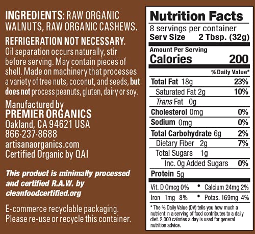 Artisana Organics Raw Walnut Butter With Cashews | No Sugar Added, Just Two Ingredients - Vegan, Paleo, And Non Gmo, 9Oz Jar