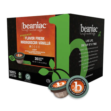 Beaniac Flavor Freak Madagascar Vanilla, Flavored Light Roast, Single Serve Compostable K Cup Coffee Pods, Organic Arabica Coffe