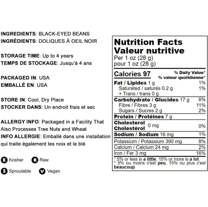 Food To Live Black-Eyed Peas, 8 Ounces - Raw Dried Whole Cow Peas, Kosher, Vegan, Sproutable. High In Dietary Fiber, Easy To Coo