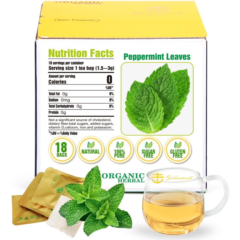 Soilmount Organic Peppermint Leaf Tea - Caffeine-Free Herbal Tea - 18 Tea Bags
