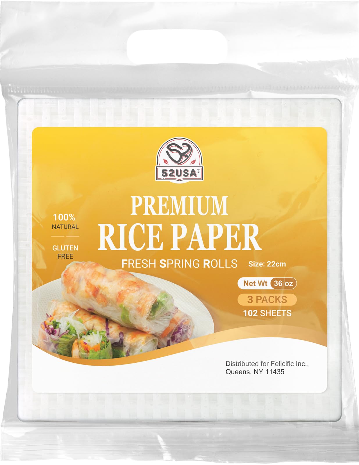 52Usa Square Rice Paper, 3 Pack, White Rice Paper Wrappers, Fresh Spring Roll Wrappers & Dumplings-102 Sheets, Gluten-Free Wonto