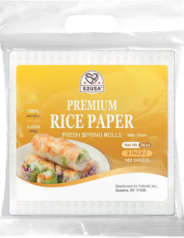 52Usa Square Rice Paper, 3 Pack, White Rice Paper Wrappers, Fresh Spring Roll Wrappers & Dumplings-102 Sheets, Gluten-Free Wonto