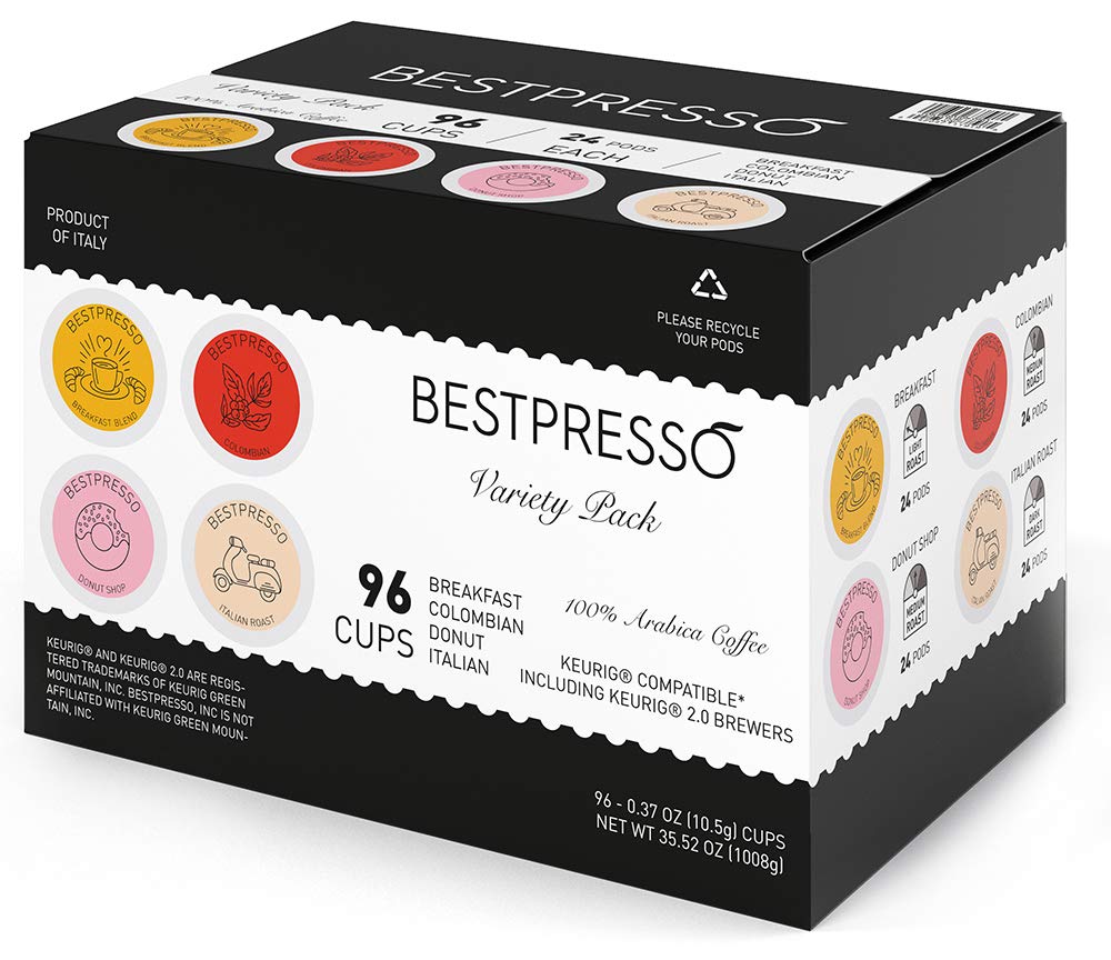 Bestpresso Coffee, Variety Pack Single Serve K-Cup Pods, 96 Count. Includes Breakfast, Colombian, Donut And Italian (Compatible With 2.0 Keurig Malt-Inspired) 8 Packs Of 12 Cups