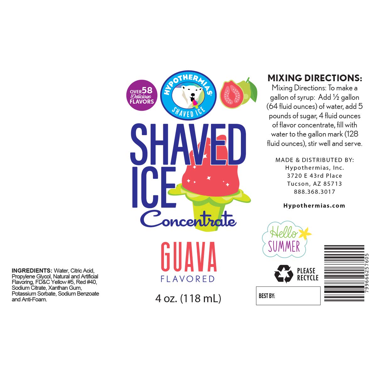 Hypothermias Shaved Ice And Snow Cone Syrup Unsweetened Flavor Concentrate - 4 Fl Oz - Makes 1 Gallon Of Ready To Use Syrup - Gu