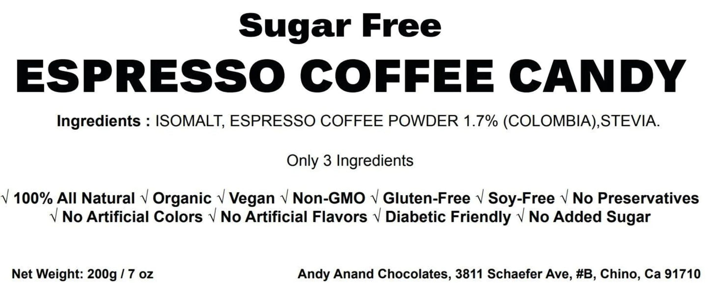 Andy Anand 60 Pc Sugar Free Espresso Coffee Hard Candy, Made With Real Coffee, Only 3 Ingredients, Sweetened With Natural Stevia