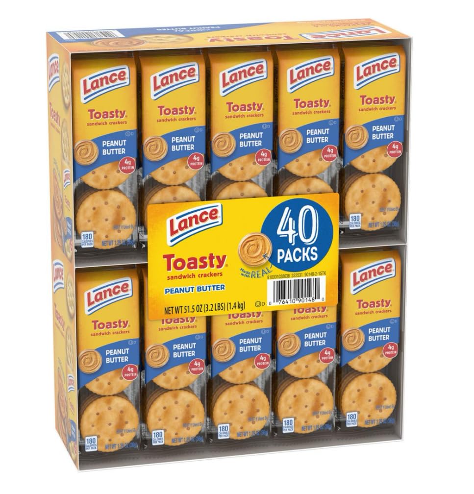 Peanut Butter Sandwich Crackers - 40 Packs of Toasty with Real Peanut Butter Filling - Quality Lance Snacks, 6 Crackers per Pack