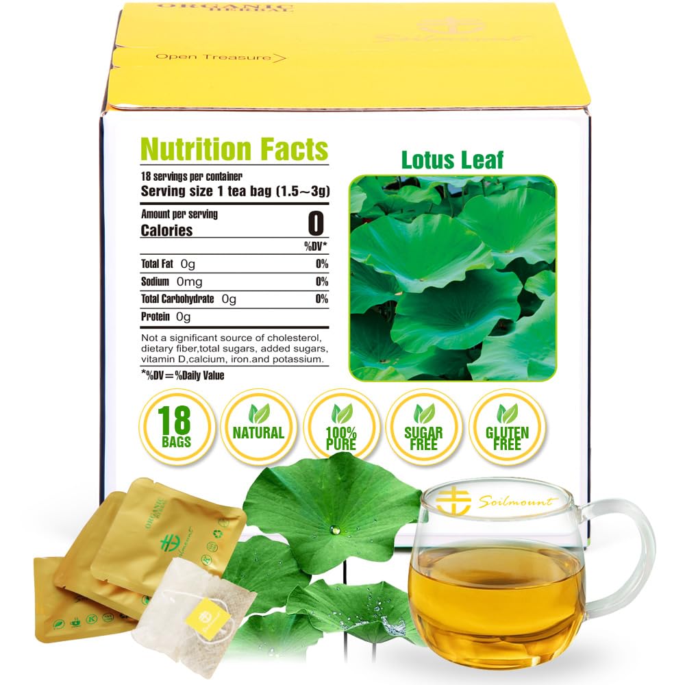 Soilmount 100% Natural Lotus Leaf Tea, Decaffeinated Loose Leaf, 18 Bleach-Free Bags, Non-GMO, Caffeine-Free