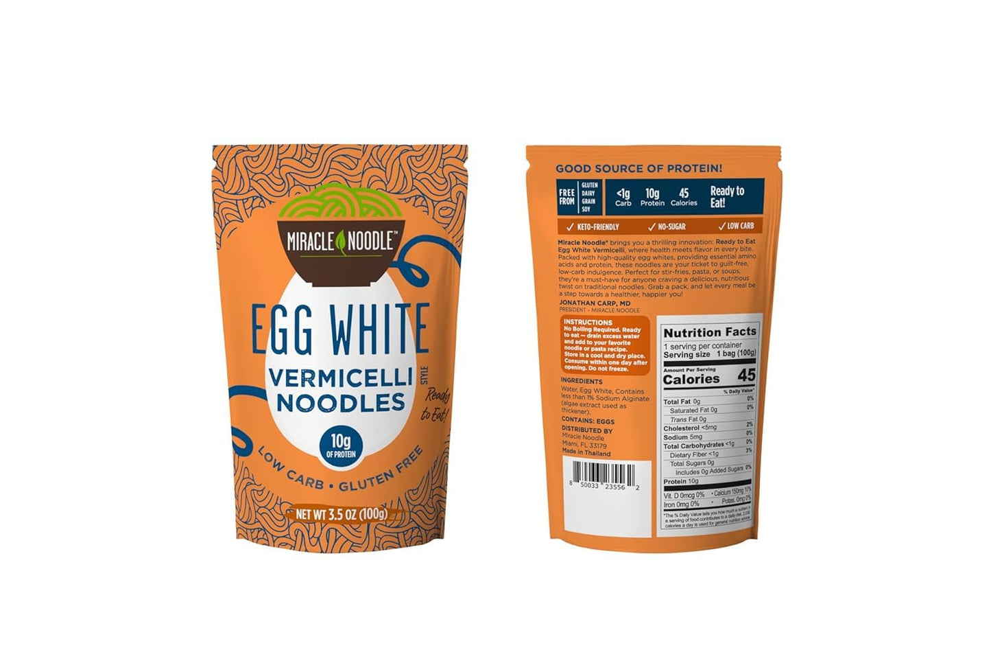 Miracle Noodle High Protein Egg White Noodles - Vermicelli – Angel Hair Substitute - Low Carb & Low Calorie – Ready To Eat – 3.5 Ounce (Pack Of 6)