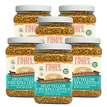 Pride Of India - PACK of 6 - Indian Split Yellow Chickpea Lentils - Protein & Fiber Rich Chana Dal, 3 Pound Jar