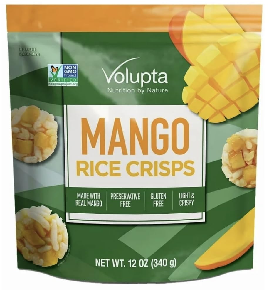 Volupta Mango Rice Crisps, Gluten Free, Made with Real Mango, Preservative Free, Light and Crispy Snack, 12 oz