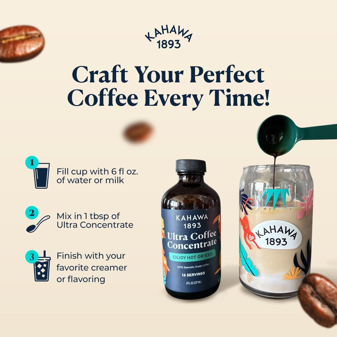 KAHAWA 1893 Ultra Coffee Concentrate - Instant Hot, Cold or Iced Coffee, 8 Fl Oz (Pack of 2) - High Antioxidants, Naturally Sweet