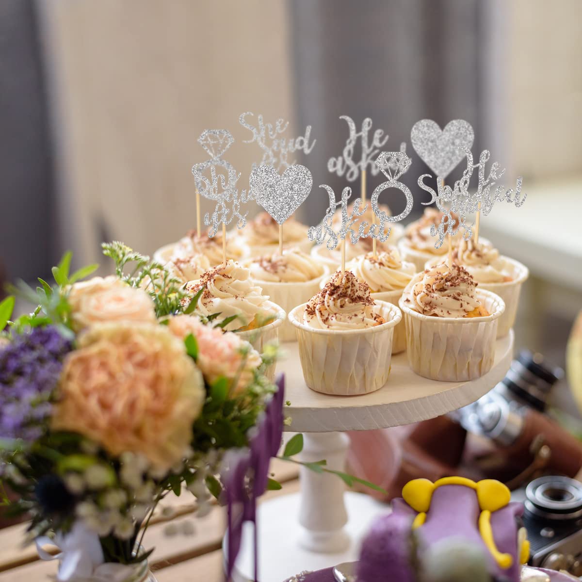 Donoter 24 Pieces Silver Glitter Engagement Cupcake Toppers He Asked She Said Yes Diamond Ring Heart Cupcake Picks For Wedding B