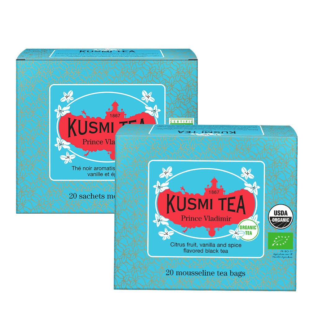 KUSMI TEA Organic Earl Grey Black Tea - Prince Vladimir - 2 Boxes of 20 Tea Bags - Flavored with Citrus, Cinnamon, and Spices