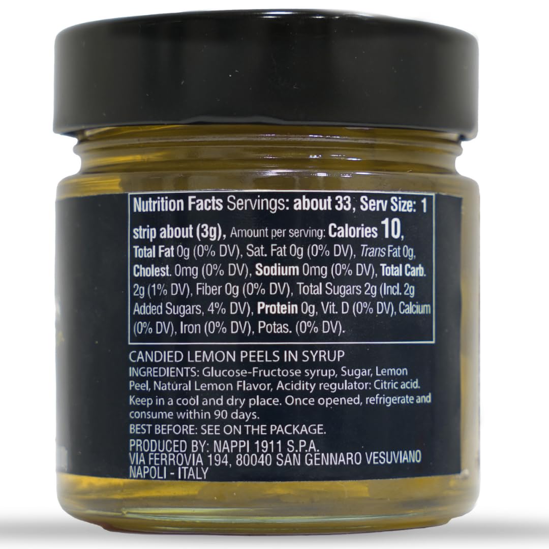 Nappi 1911 Candied Lemon Peel Strips in Syrup, 10.9 oz, Popular Cocktail Garnish for Drinks and Baking