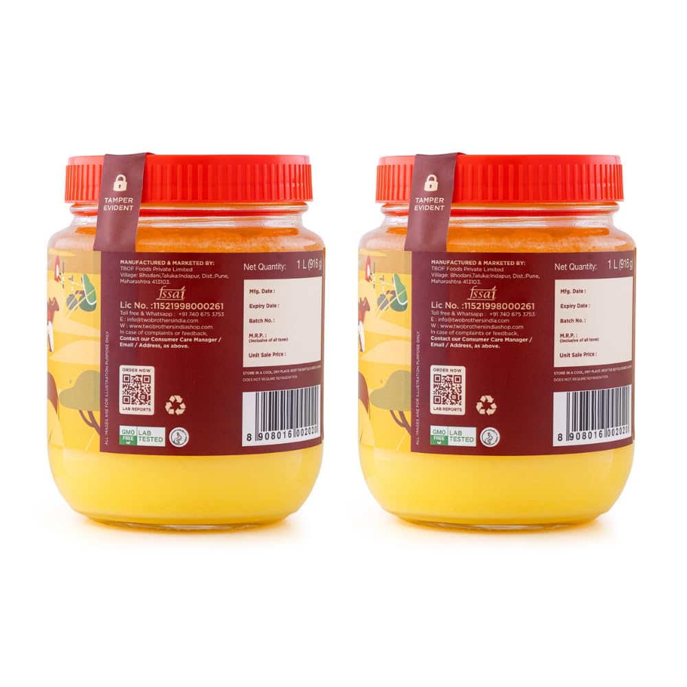 Two Brothers Organic Farms - A2 Ghee (1L X 2) | Cultured Cow Desi Ghee | Curd-Churned Bilona Ghee | Pure, Natural, And Healthy |