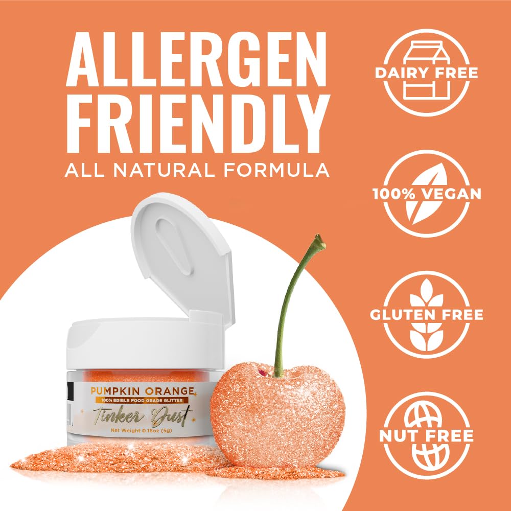 Bakell - Pumpkin Orange Tinker Dust (5G, 1X Jar) Edible Glitter For Food, Desserts, And Beverages!