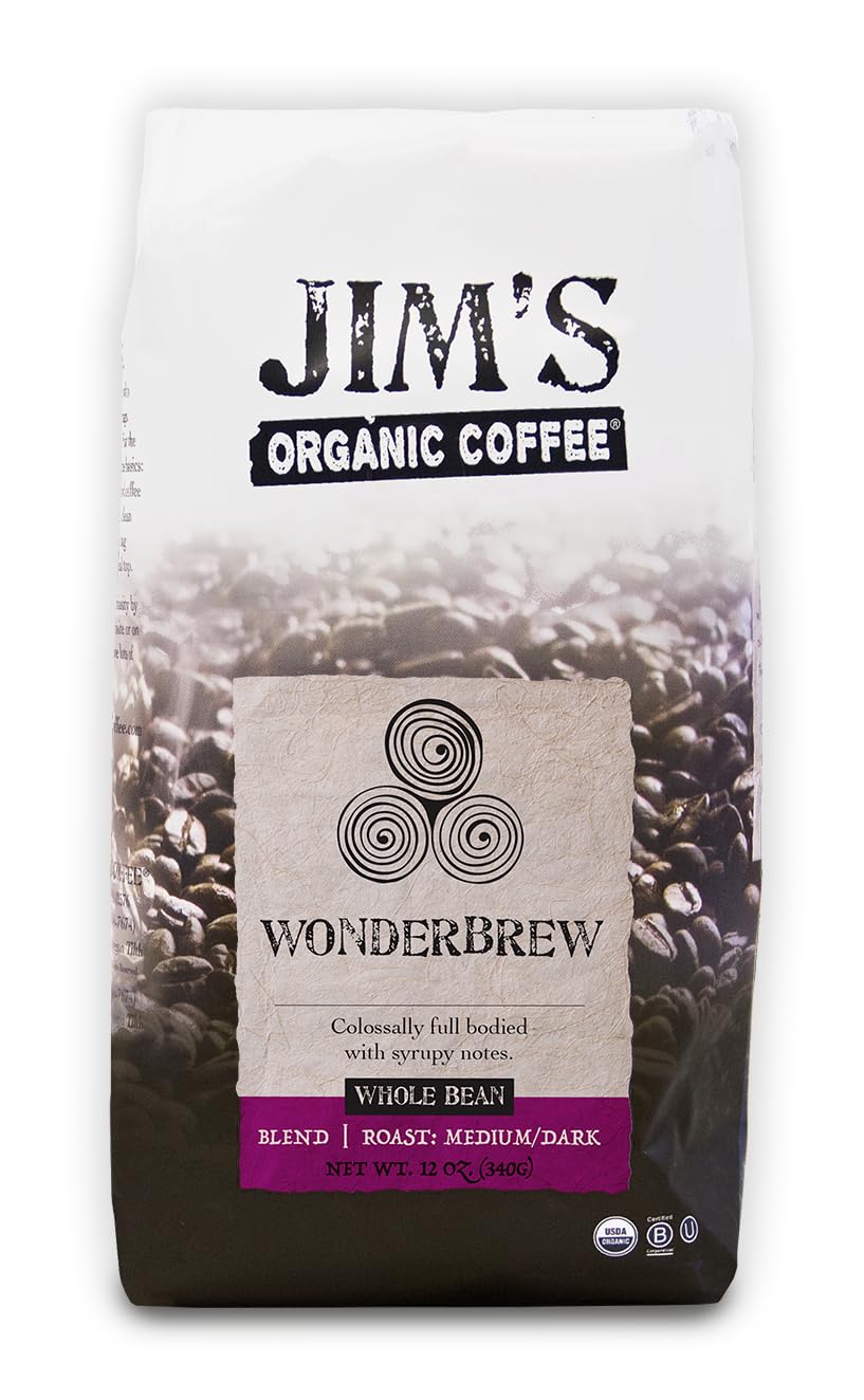 Jims Organic Coffee Wonderbrew Blend Whole Bean 12 oz Bag Medium/Dark Roast Certified Organic Brown