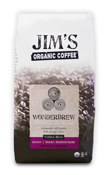 Jims Organic Coffee Wonderbrew Blend Whole Bean 12 oz Bag Medium/Dark Roast Certified Organic Brown