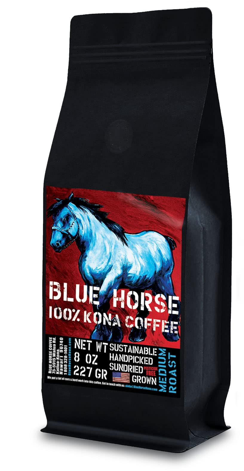 Blue Horse 100% Kona Coffee, Medium Roast, Arabica Whole Beans, 8 oz Bag, Farm Fresh, Authentic Hawaiian Coffee from the Big Isl