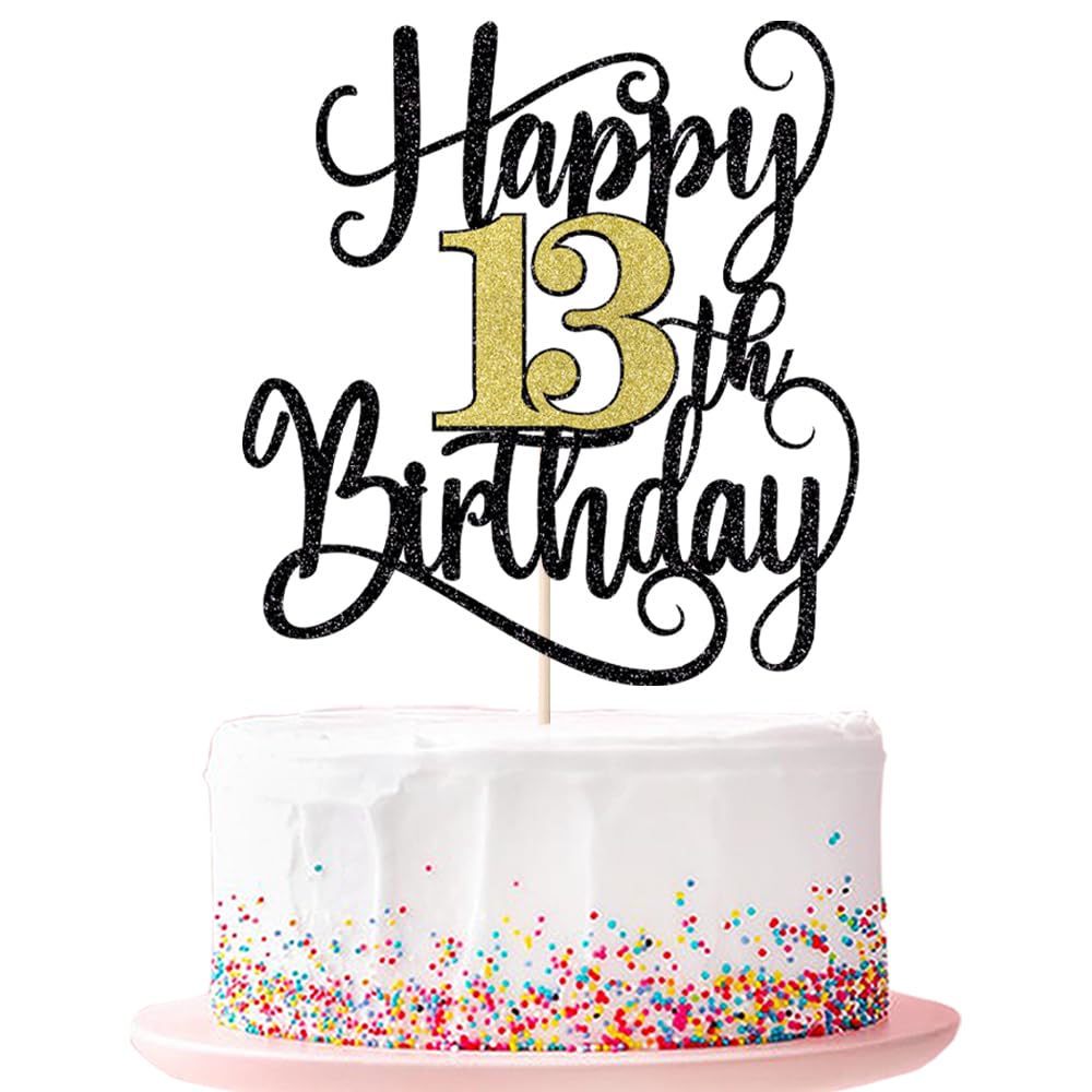 Happy 13Th Birthday Cake Topper, 13 Birthday Party Cake Decorations (Black And Gold Flashes, 13Th)