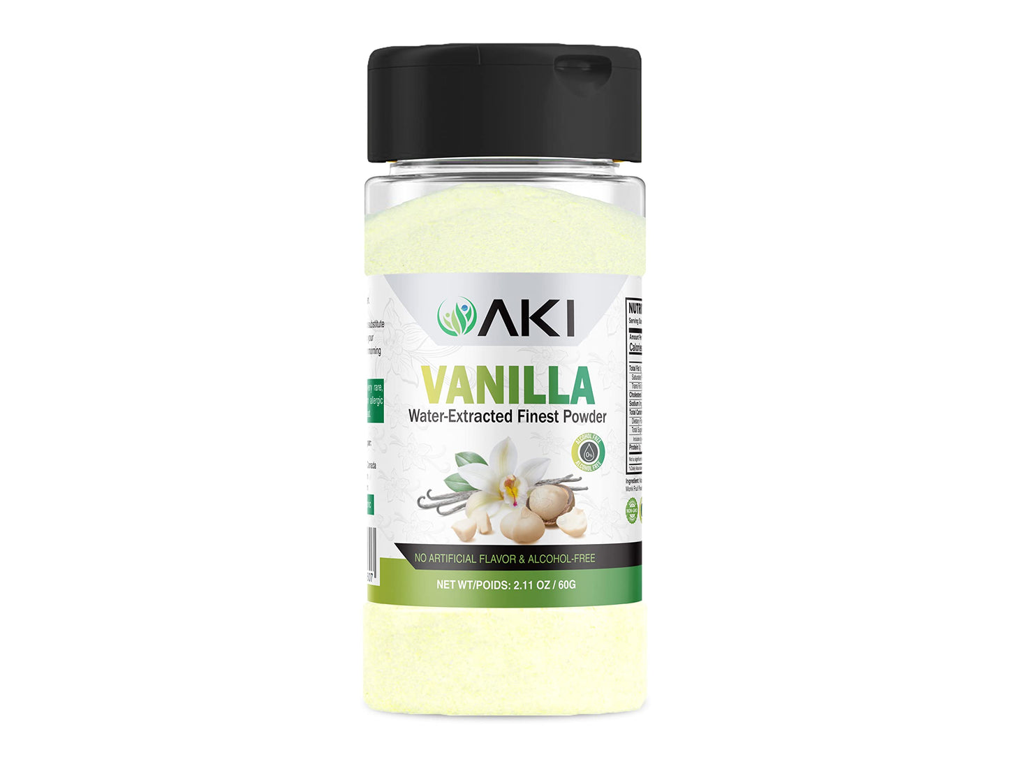 Aki Vanilla Water Extracted Powder From Authentic Beans For Flavoring, Cooking, Baking & Smoothies - Sugar Free &   Free - Added 2% Monk Fruit Sweetener - Non-Gmo & Vegan (2.11Oz/60G)
