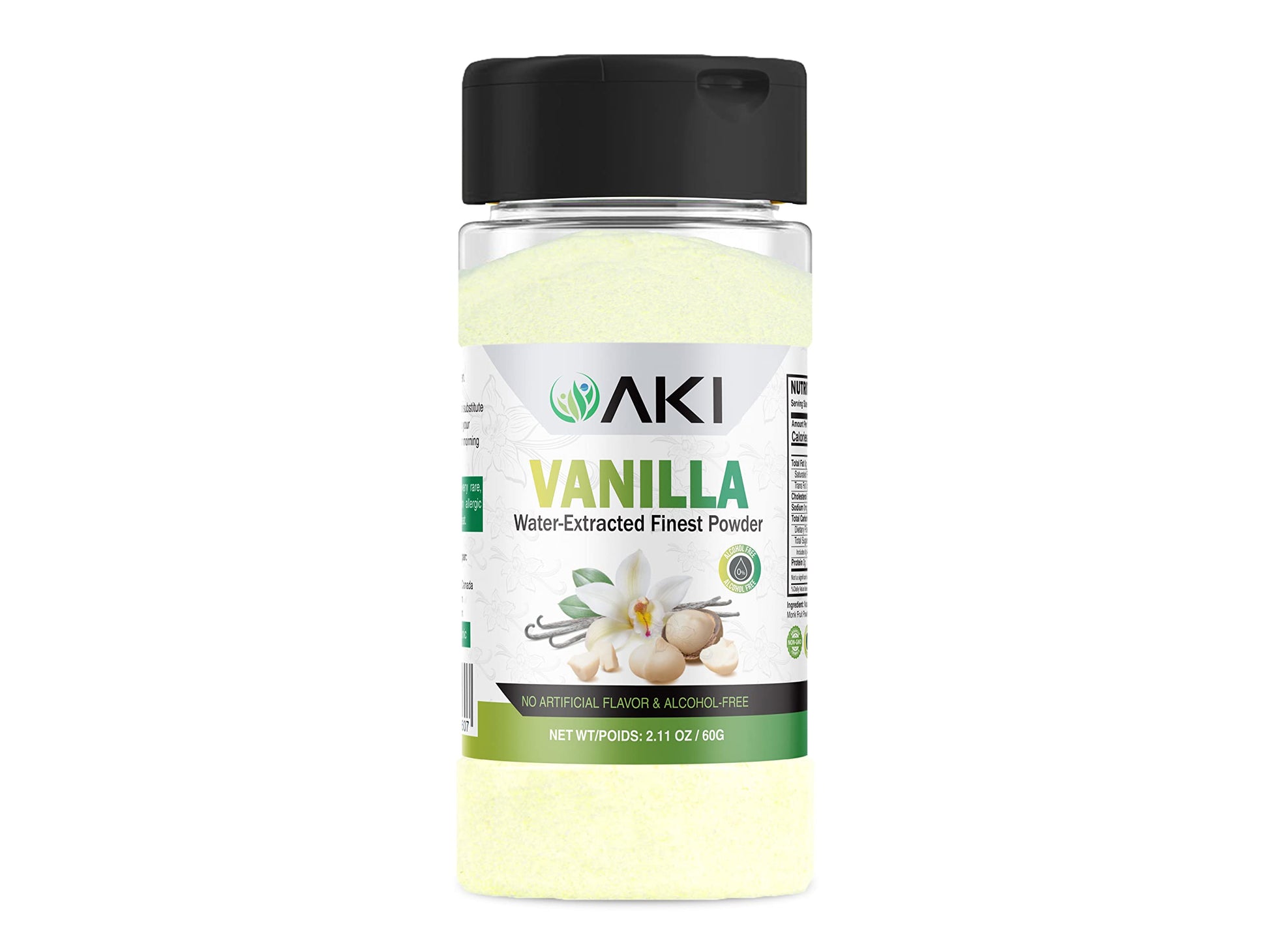 Aki Vanilla Water Extracted Powder From Authentic Beans For Flavoring, Cooking, Baking & Smoothies - Sugar Free &   Free - Added 2% Monk Fruit Sweetener - Non-Gmo & Vegan (2.11Oz/60G)