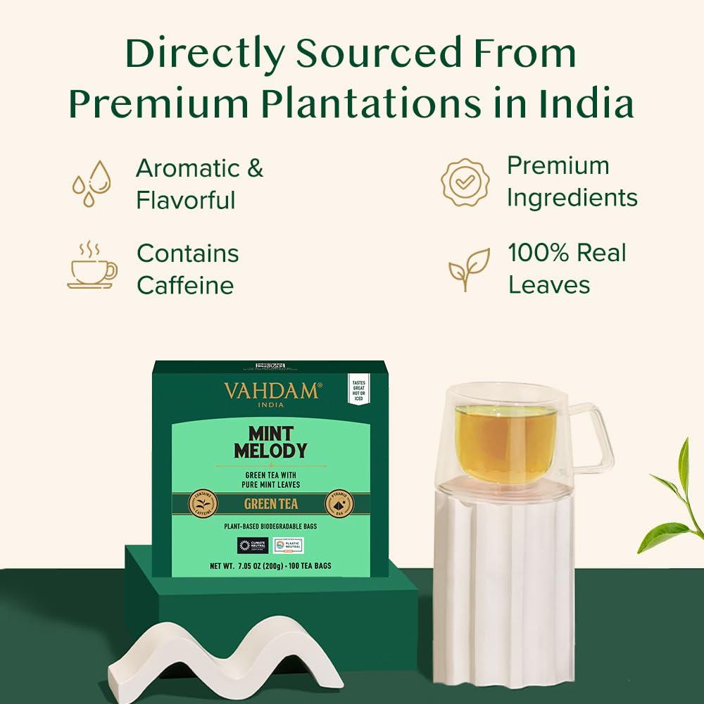 VAHDAM Mint Green Tea Bags - 100% Pure Leaf Tea, Low Caffeine, Non-GMO, Gluten Free, 100 Count