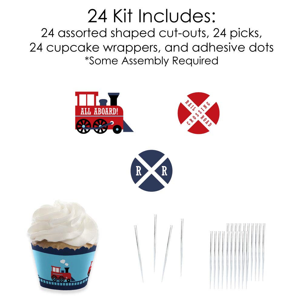 Big Dot of Happiness Cupcake Decoration Kit - Steam Train Birthday Party - Set of 24 - Red, Blue, White - Model BD4068tpk