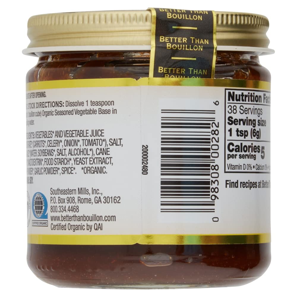 Better Than Bouillon Organic Vegetable Base, Vegan, 8 OZ Jar, Makes 9.5 Quarts of Broth, Model 690004