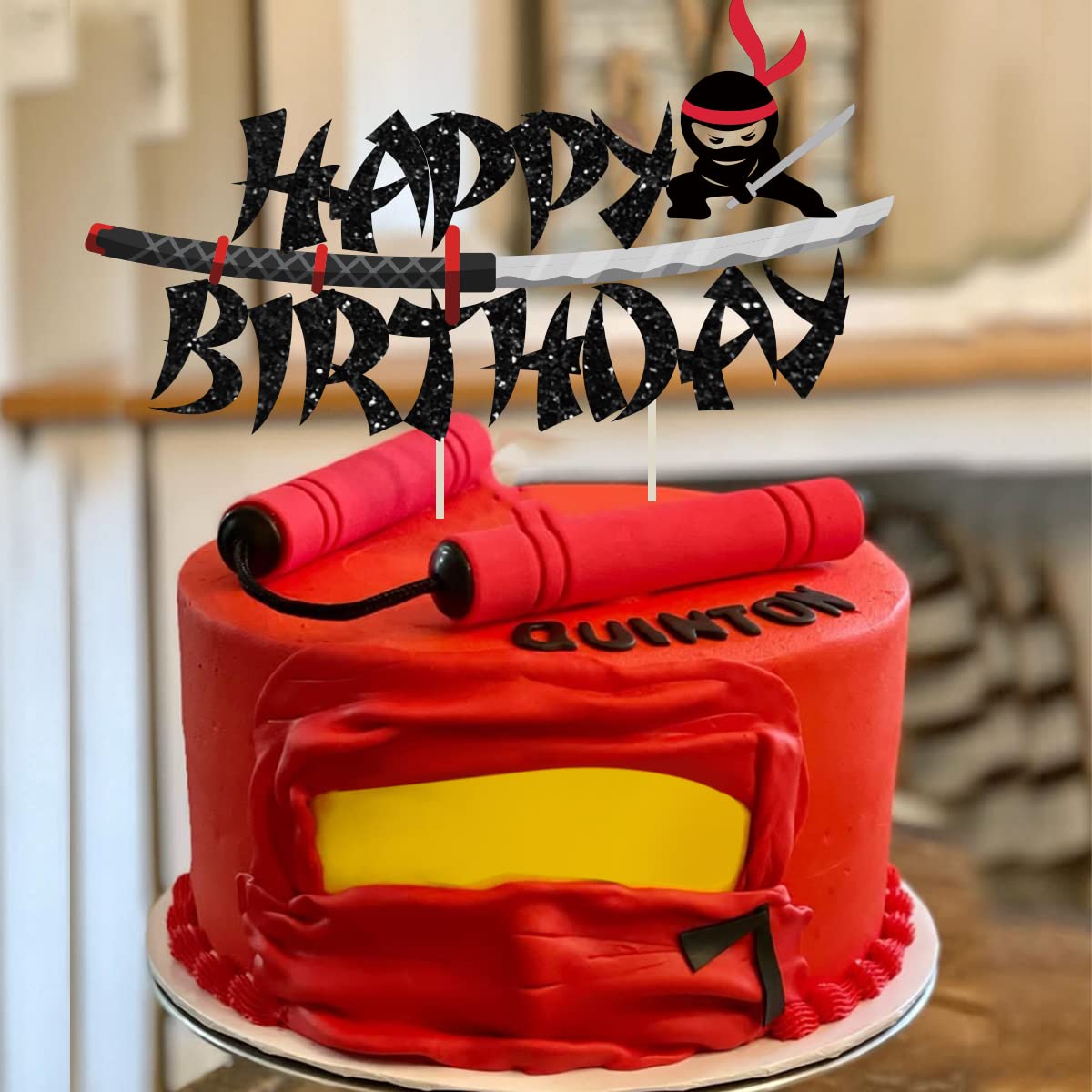 Fangleland Ninja Cake Toppers Set - 25 Pieces Happy Birthday Cupcake Toppers, 3" Red Ninja Warriors for Boys Party Supplies