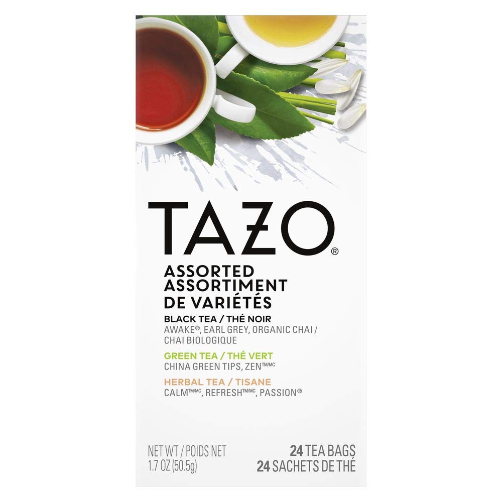 Tazo Black, Green And Herbal Assorted Carton Enveloped Hot Tea Bags Non Gmo, 24 Count, Pack Of 6