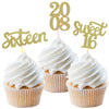 24 Pcs Sweet 16 Gold Glitter Birthday Cupcake Toppers For 16Th Birthday Celebrating Party Decorations (Gold)