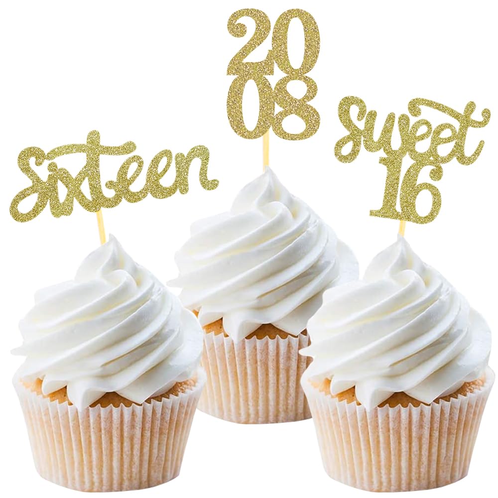 24 Pcs Sweet 16 Gold Glitter Birthday Cupcake Toppers For 16Th Birthday Celebrating Party Decorations (Gold)