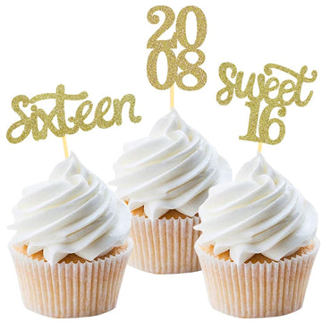 24 Pcs Sweet 16 Gold Glitter Birthday Cupcake Toppers For 16Th Birthday Celebrating Party Decorations (Gold)