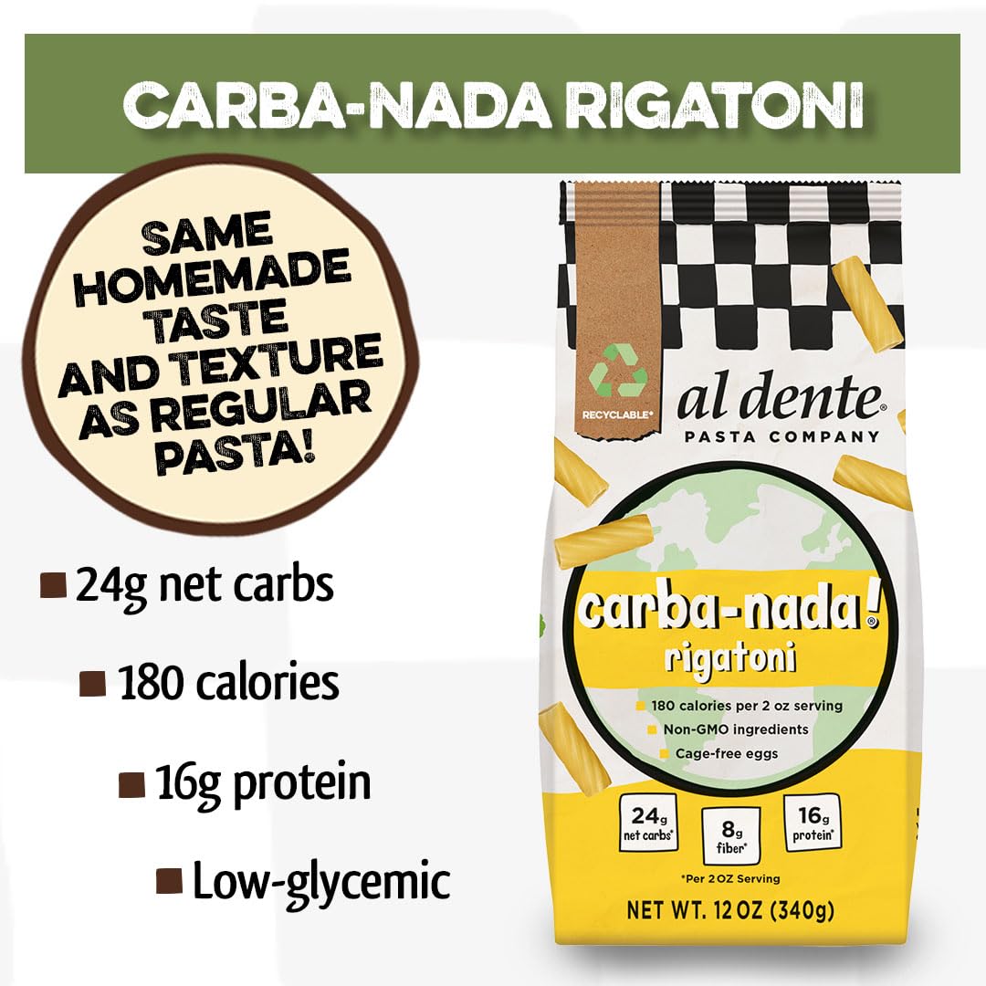Al Dente Carba-Nada Rigatoni, Reduced-Carb, High Protein Pasta 12 Ounce Bags (Pack Of 8, Total Of 96 Ounces)