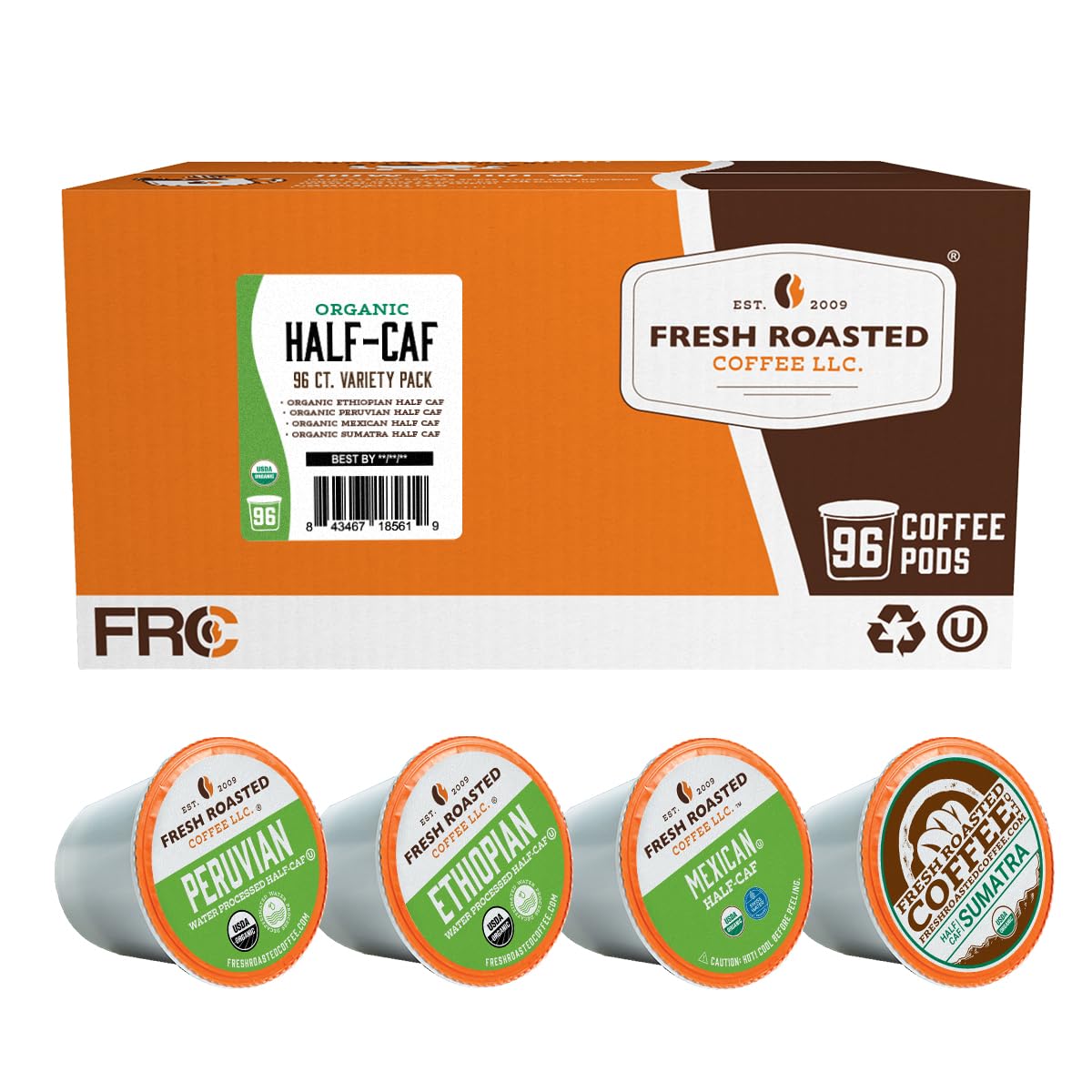 Fresh Roasted Coffee Half-Caf Variety Pack, Organic, Kosher, K-Cup Compatible, 96 Pods