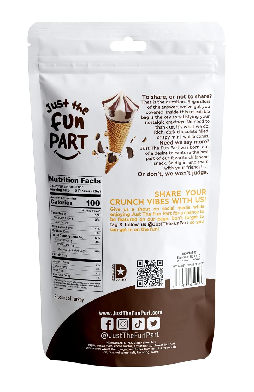 Just The Fun Part Mini Waffle Cones Filled with Belgian Dark Chocolate, 4.23 oz (Pack of 2) - Kosher Snack