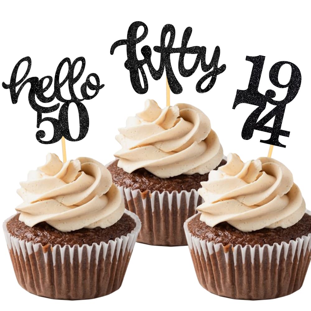 24 Pcs Black Glitter 50Th Birthday Cupcake Toppers For 50Th Birthday Celebrating Party Decorations