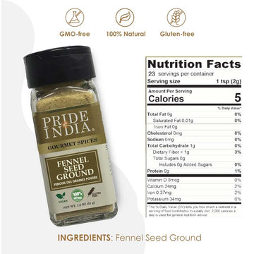 Pride Of India Fennel Seed Ground Spice - Natural & Gourmet - 1.8 oz Small Dual Sifter Jar