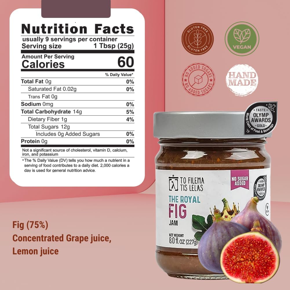 No Sugar Added Jams - 6 X 8 Fl. Oz - 2 X Fig, Apricot & Strawberry - Made In Greece, No Preservatives, Gluten Free Healthy Fruit
