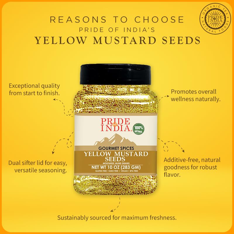 Pride Of India - Pack Of 6 - Yellow Mustard Seed Whole - Pungent & Aromatic - Gourmet Indian Spice - Add In Salads/Dressings/Chi