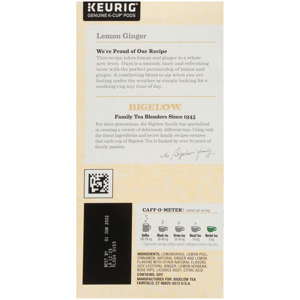 Bigelow Tea Lemon Ginger Herbal Tea K-Cups, Caffeine-Free, 22 Count Box, Pack of 1